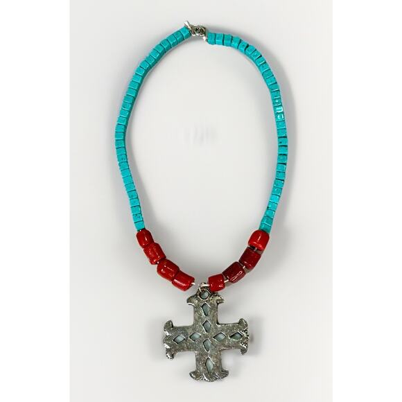 VTG Native American Turquoise & Red Coral Cross Necklace Sterling Silver Pendant - Picture 5 of 15